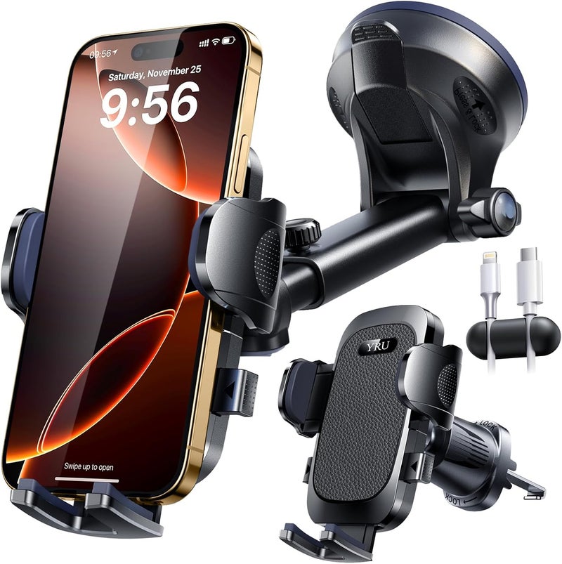 YRU True Military-Grade [360° Rotation Suction] 2025 Ultimate Car Phone Holder Mount 【90+LBS Safest Strongest & Patent Certs】 Dashboard Windshield Vent for iPhone 17 16 Pro Max Samsung, Matt Black - Image 1
